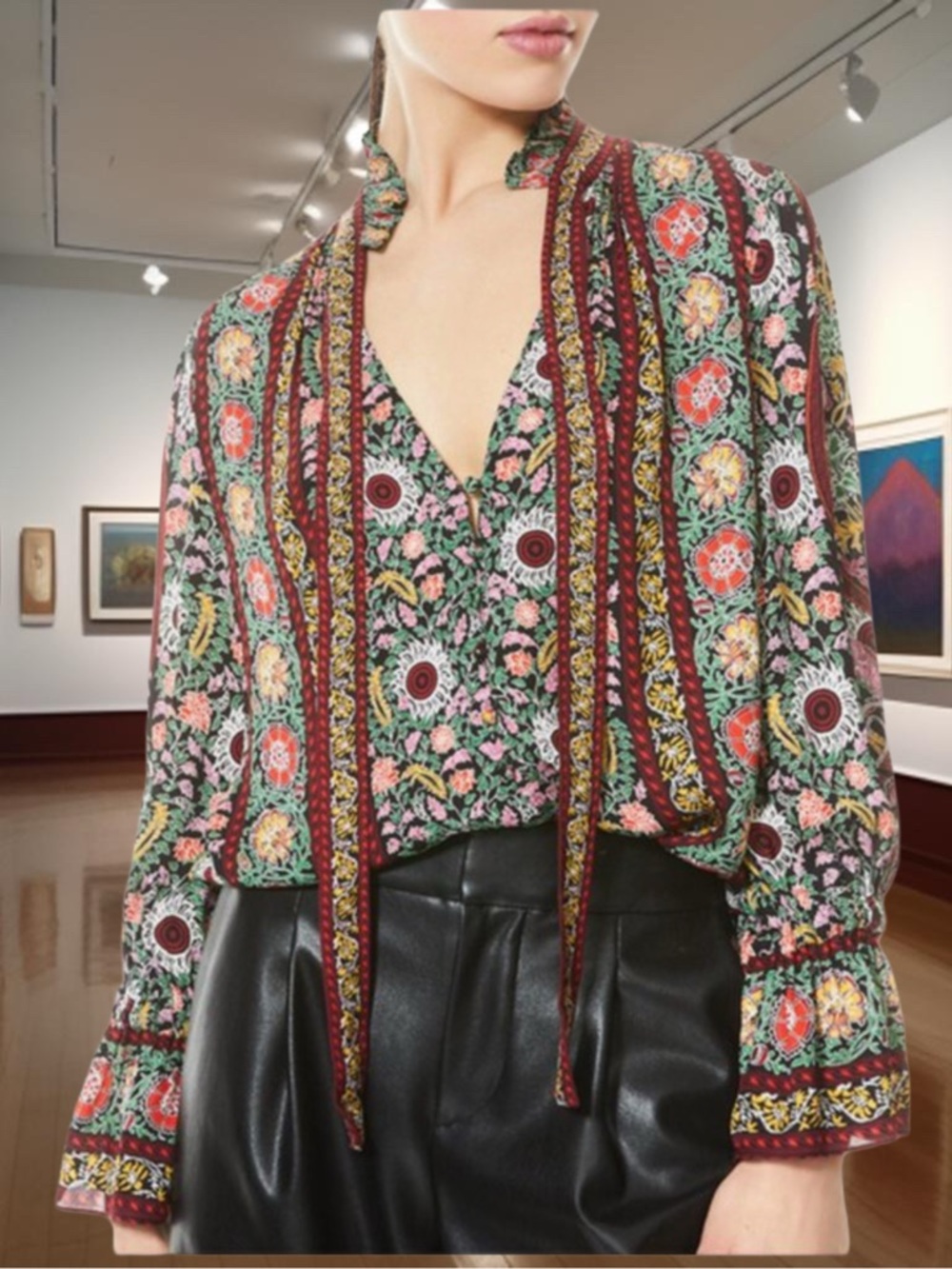 Alice + Olivia Floral Print Tie-Neck Blouse